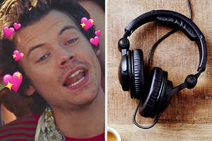 On the left, Harry Styles in the "Watermelon Sugar" music video, surrounded by various heart emojis, and on the right, a pair of headphones on a table
