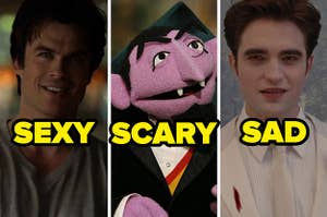 Three images of Damon from The Vampire Diaries, The Count from Sesame Street, and Edward Cullen from Twilight
