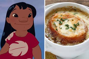 Lilo on the left and a bowl of french onion soup on the right 