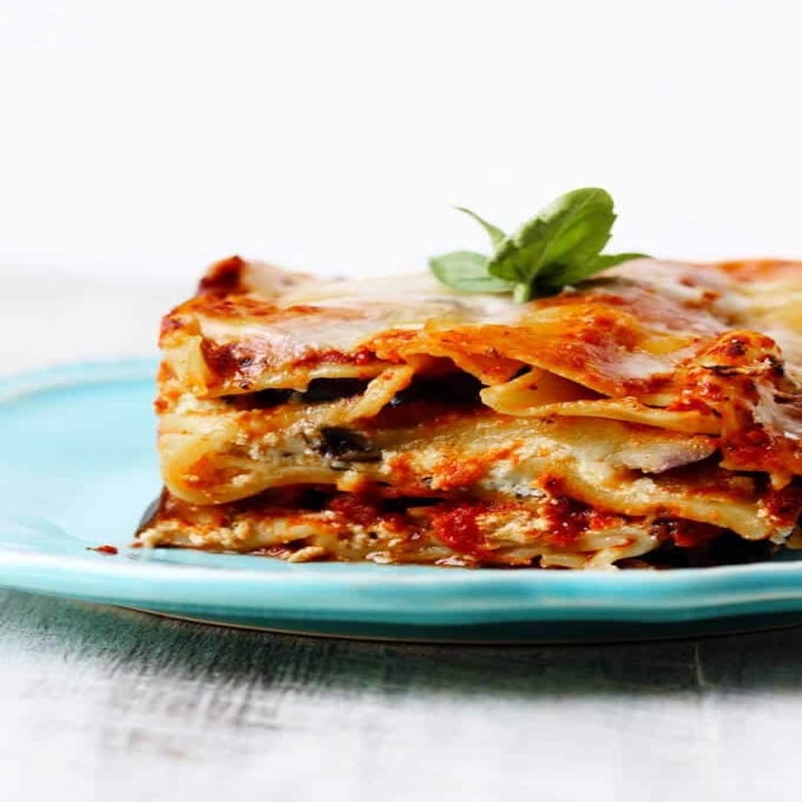 A thick slice of eggplant lasagna.