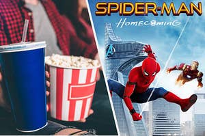 An image of a soda and popcorn next to the poster of spider-man homecoming