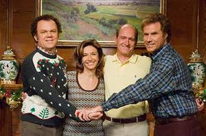 A family photo of the Huffs and Dobacks from Step Brothers