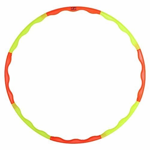 An orange and green hoola hoop.
