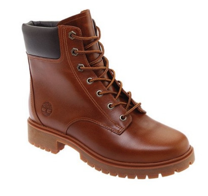 Brown leather lace up boot with black detailing and rubber sole