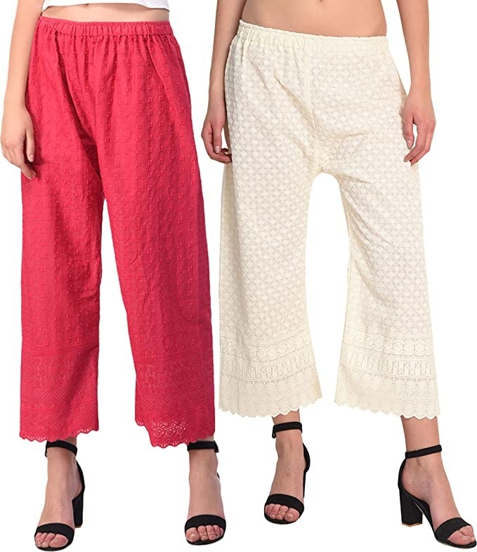 White and pink palazzos with chikankari details