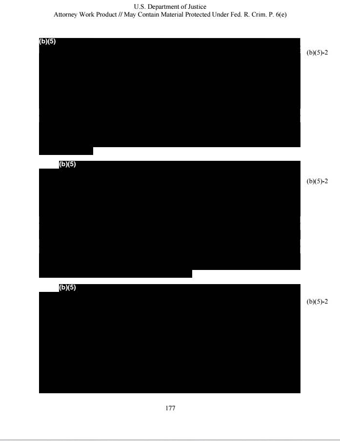 A document page is titled &quot;US Department of Justice&quot; followed by three blacked-out sections