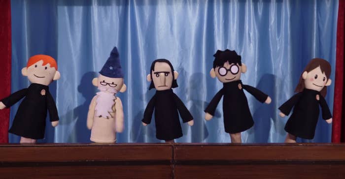 Ron, Dumbledore, Snape, Harry, and Hermione as crudely constructed hand puppets