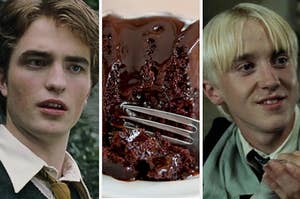 Cedric diggory on the left, a moist piece of chocolate cake being cut into with a fork in the middle, and cedric diggory on the left