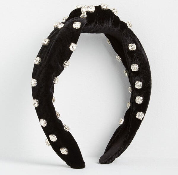 The black velvet knotted headband with gems embellished on it 