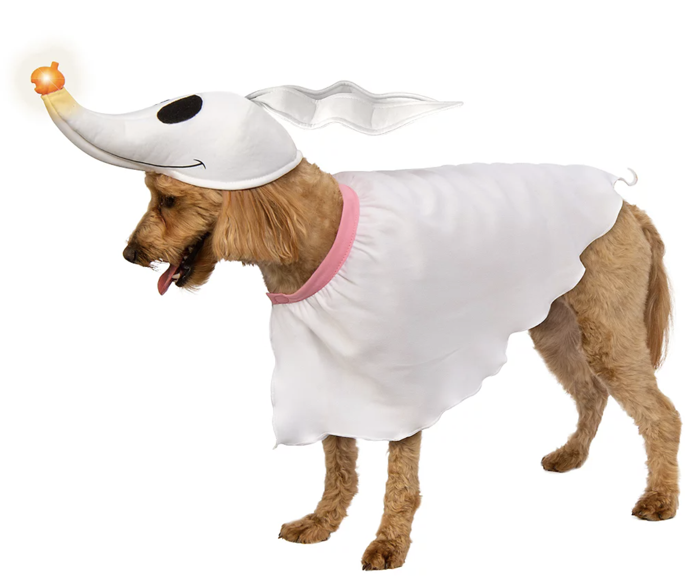 a dog wearing a hat that looks like zero&#x27;s head from the nightmare before christmas and a ghostlike shirt