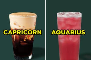 On the left, a Starbucks Pumpkin Cream Cold Brew labeled "Capricorn," and on the right, a Starbucks Iced Passion Tango Tea labeled "Aquarius"