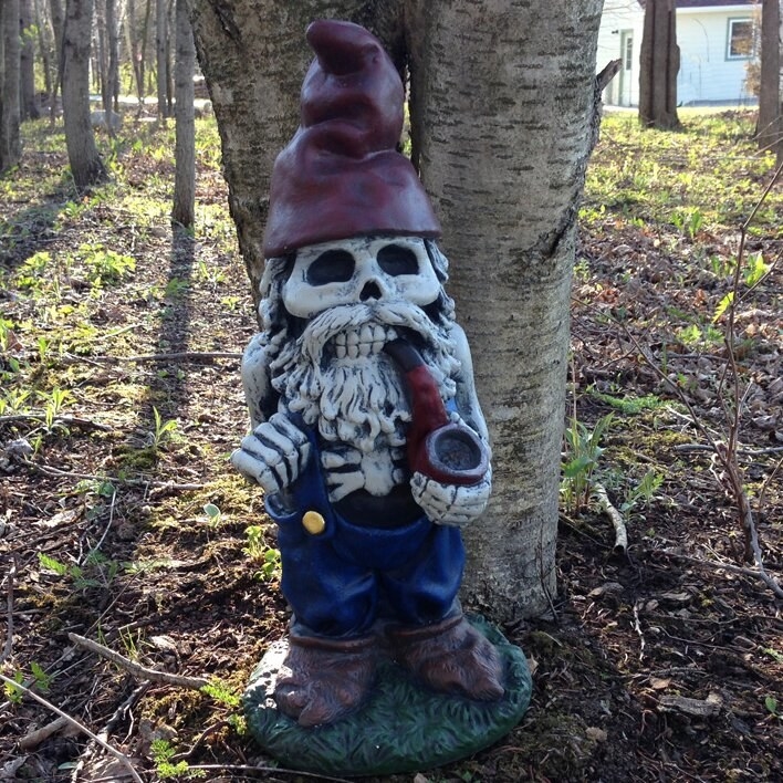 The gnome placed in a lawn by a tree