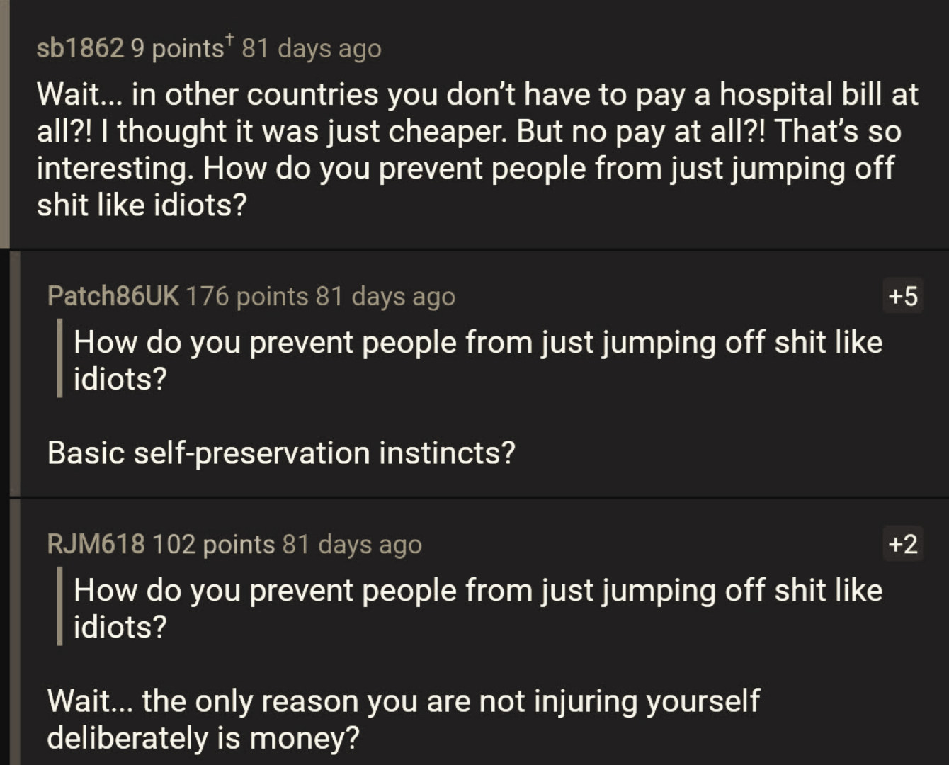 A Reddit comment asking, if a country has universal healthcare, how you keep people from jumping off things and injuring themselves