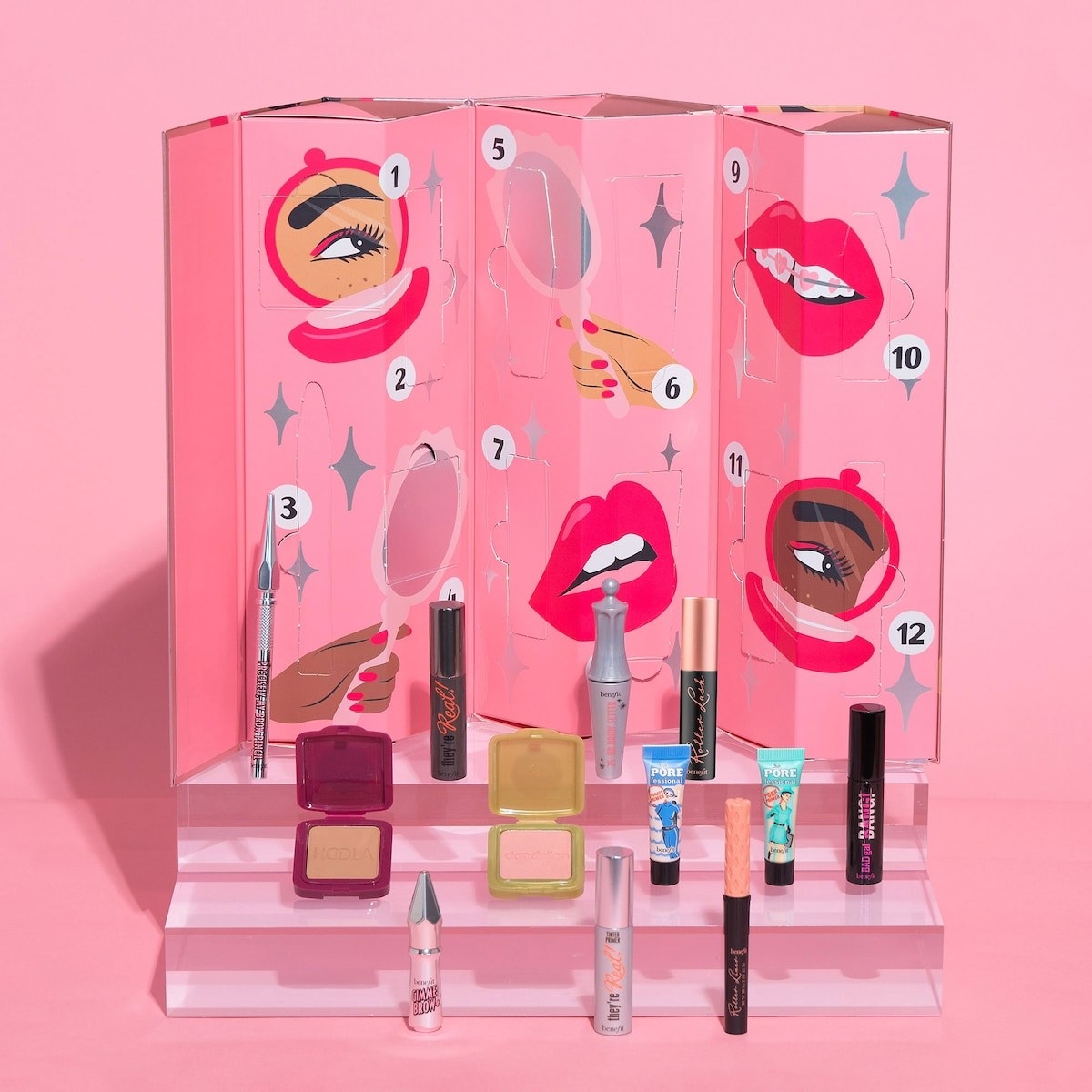 a pink fold out piece of cardboard with 12 flaps to reveal tiny beauty products