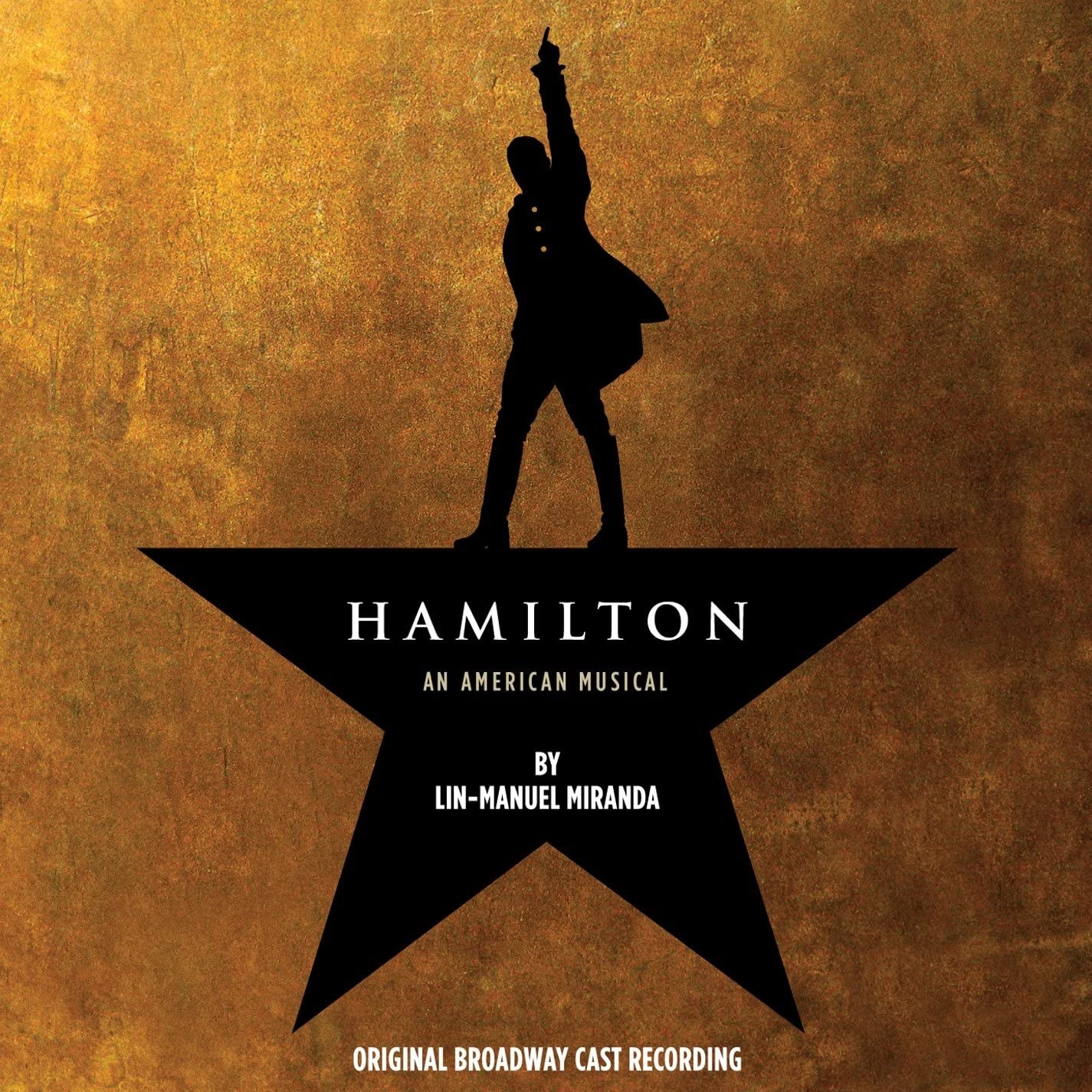 album cover of Hamilton with the silhouette of Hamilton standing on a star, making the top point of it