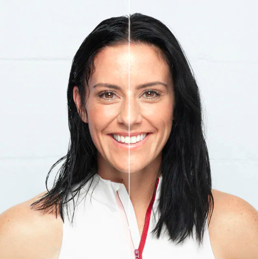 A split screen of a person with damp hair and an after with their hair looking refreshed