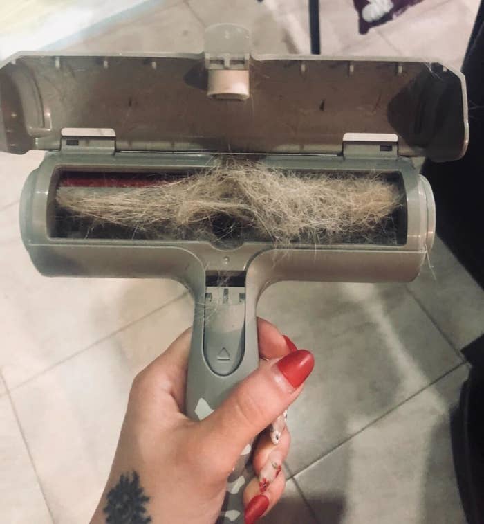 reviewer showing all of the pet hair in their roller 
