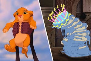 Simba from the lion king as a baby on the left, and the tall leaning cake from sleeping beauty on the right