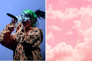 On the left, Billie Eilish performing at a music festival, and on the right, a sky with fluffy clouds