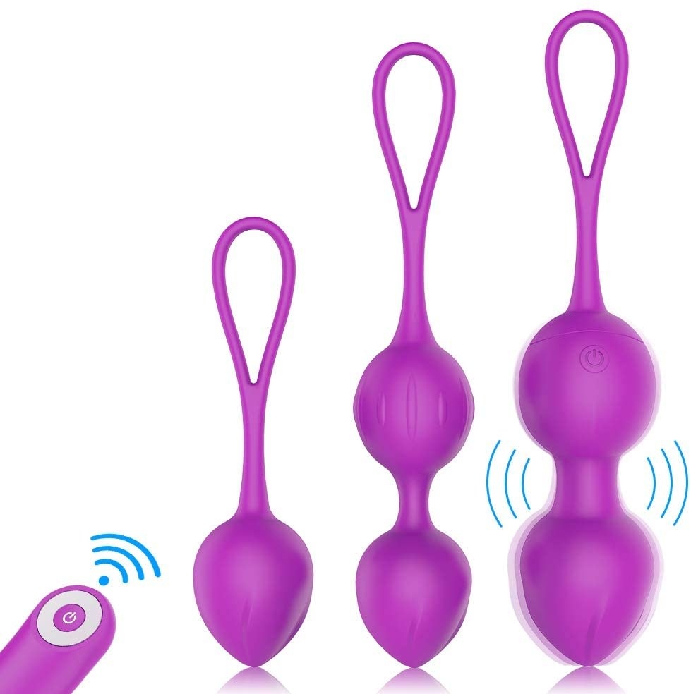 The three kegel balls, one single, one double, and one double vibrating, with remote