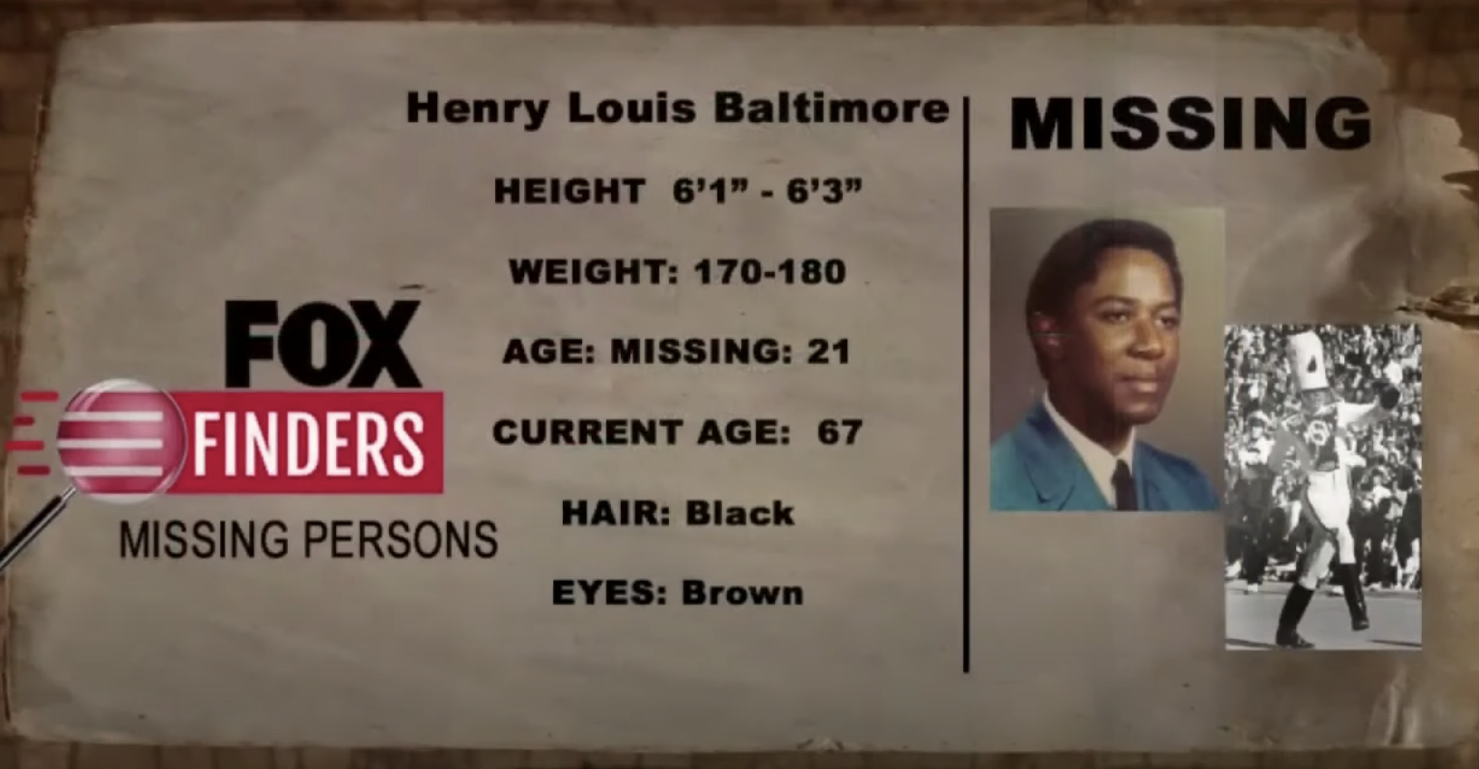 a &quot;Fox Finders&quot; Missing Persons one-sheet with Henry&#x27;s name, photo, and information