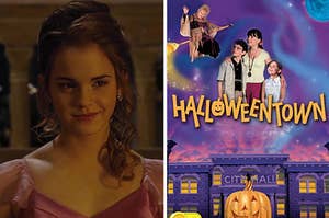 An image of Hermione Granger smiling next to a Halloweentown poster