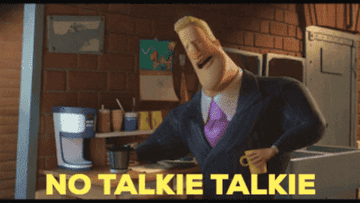 Animated character pouring himself a coffee and saying “No talkie talkie until coffee”.