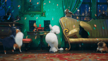 animated dogs and cats partying in a living room 
