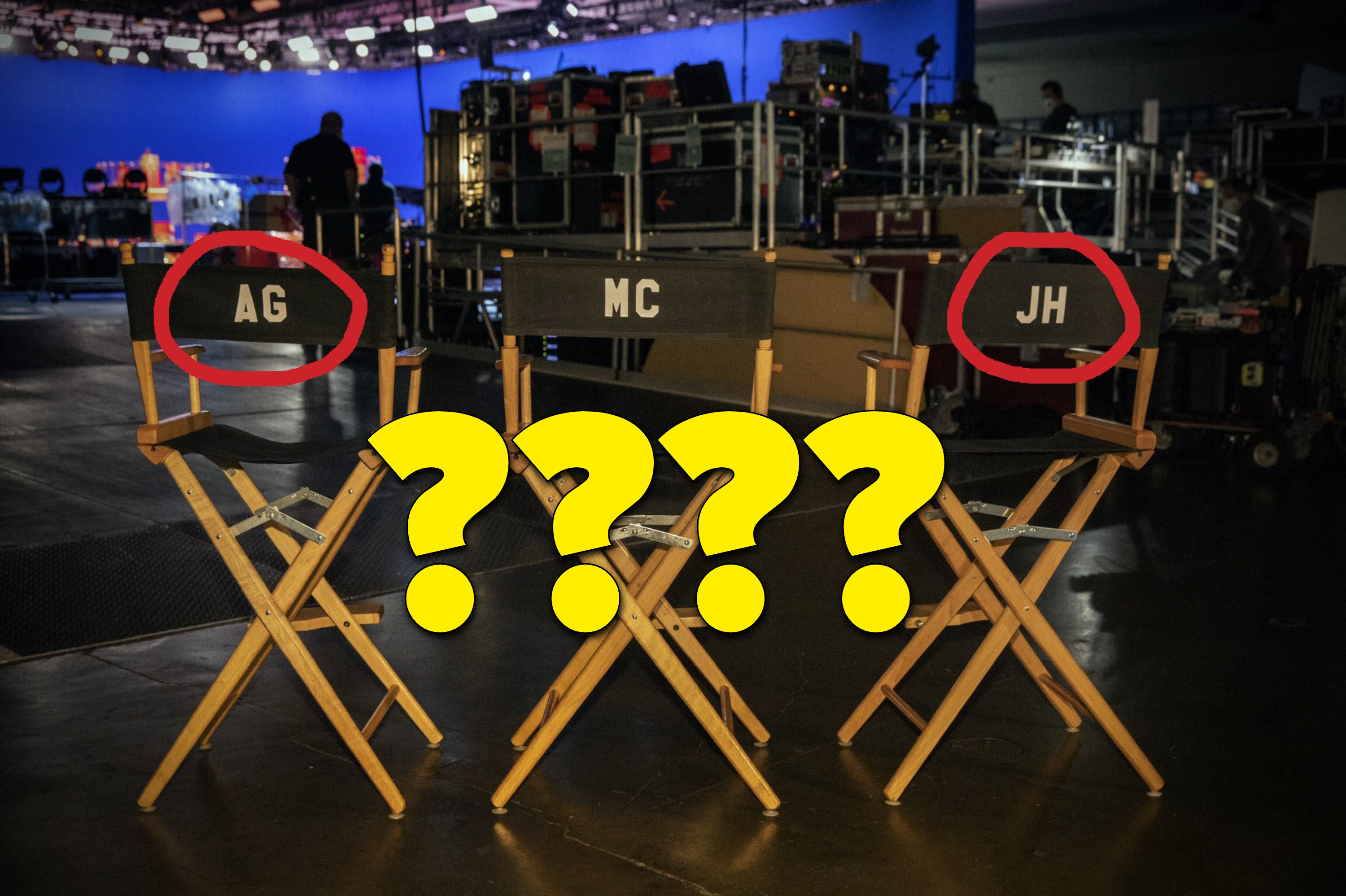 The director chairs with &quot;AG&quot; and &quot;JH&quot; circled for emphasis and large question marks to add to the mystery