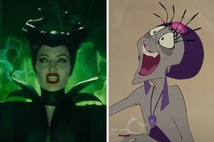 Maleficent is on the left with flames behind her with Yzma on the right screaming out