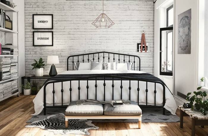 A black metal bed frame