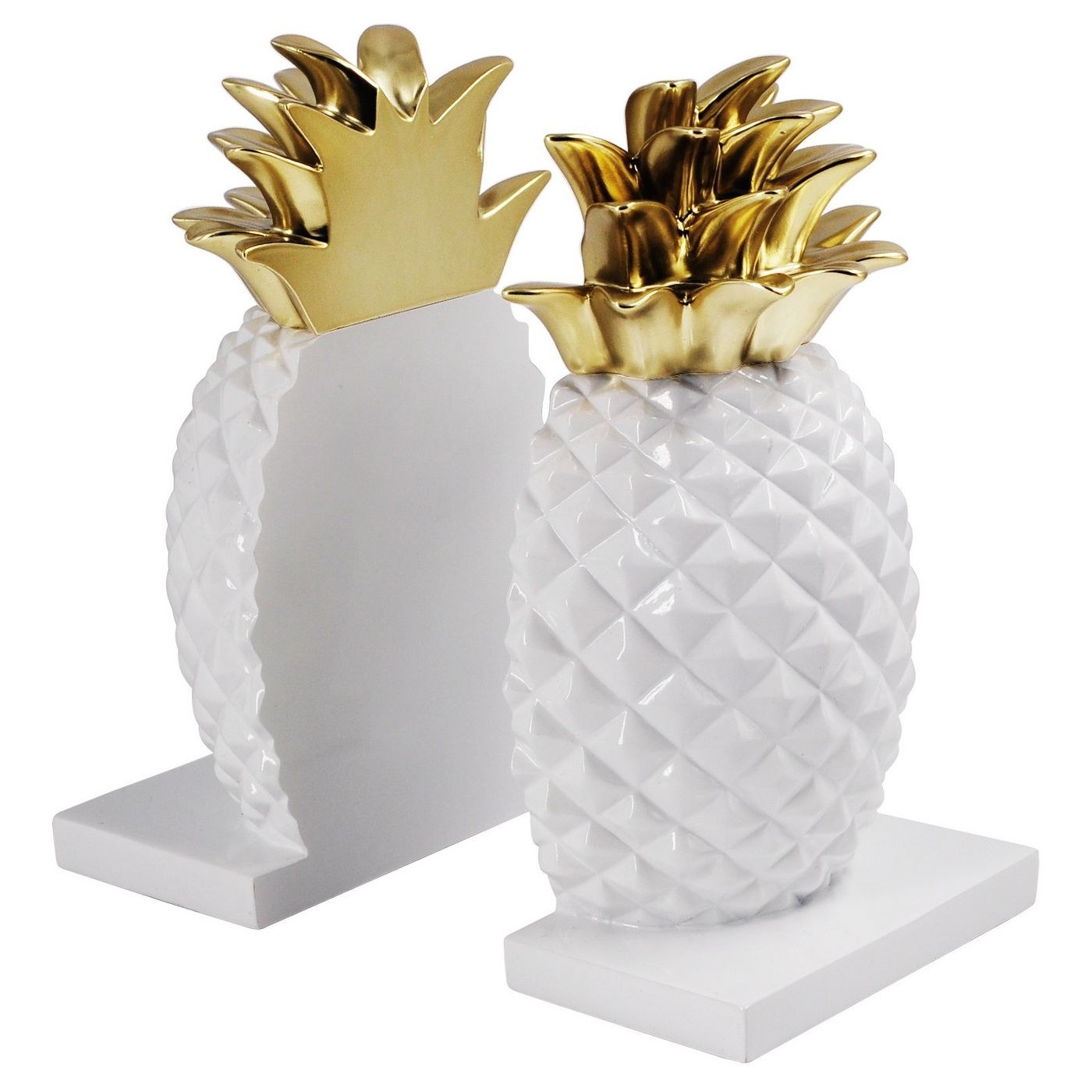 The two books ends, each of which resembles half a pineapple, with a white, porcelain-look body and a gold crown, each mounted on a rectangular white base 