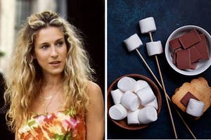 An image of Carrie Bradshaw next to an image of a smores kit