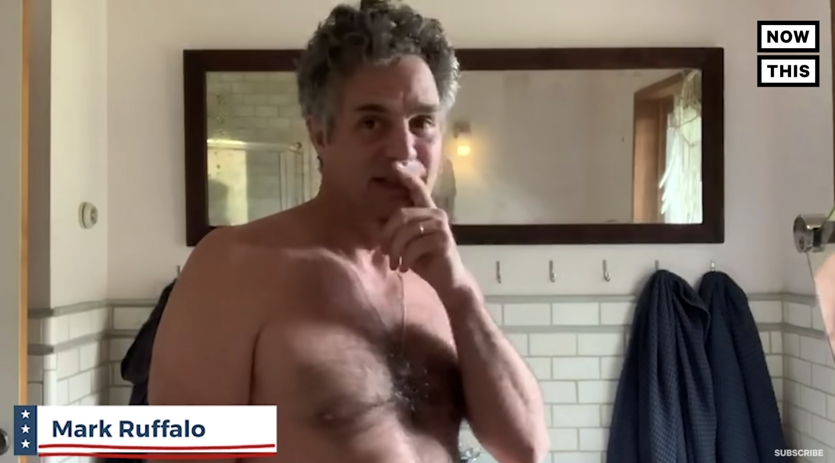 Mark Ruffalo shirtless in the NowThis PSA