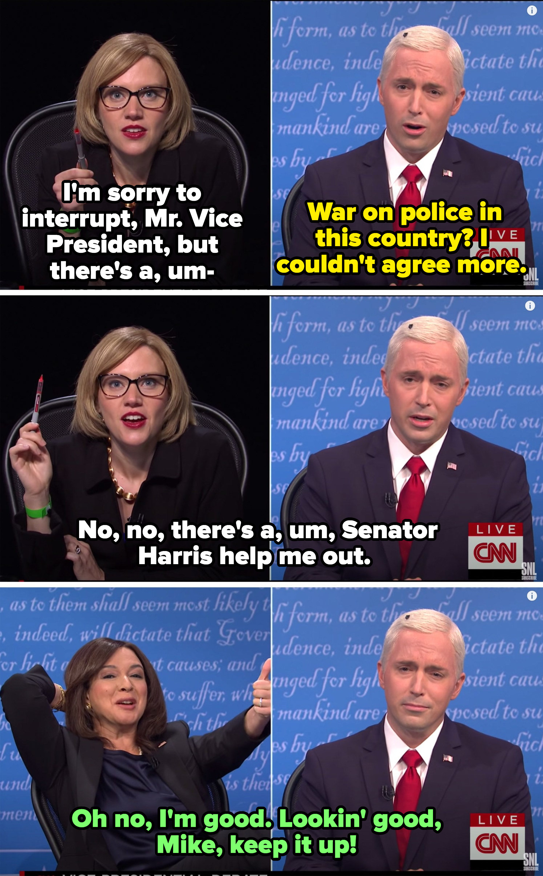 The moderator trying to subtly tell Pence about the fly on his head and Harris looking entertained