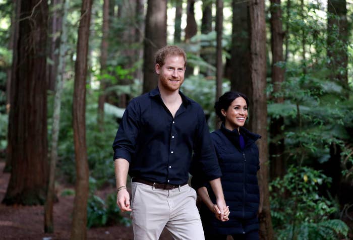 Harry and Meghan holding hands in the woods and smiling