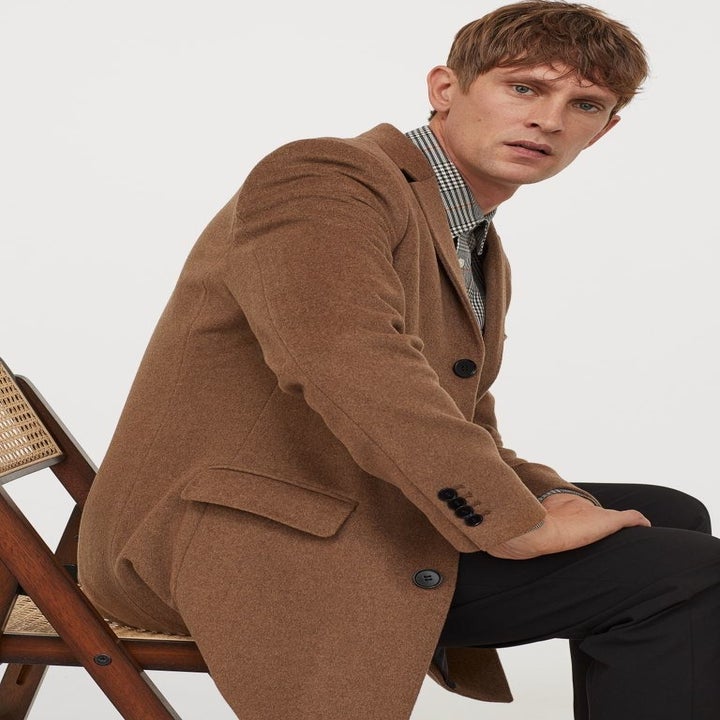 model wearing H&amp;M wool-blend coat in dark beige