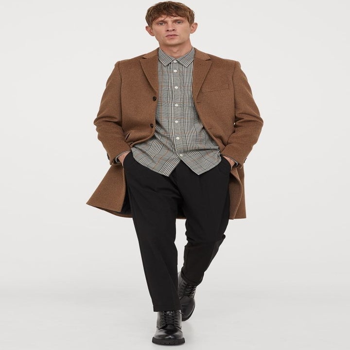 model wearing H&amp;M wool-blend coat in dark beige