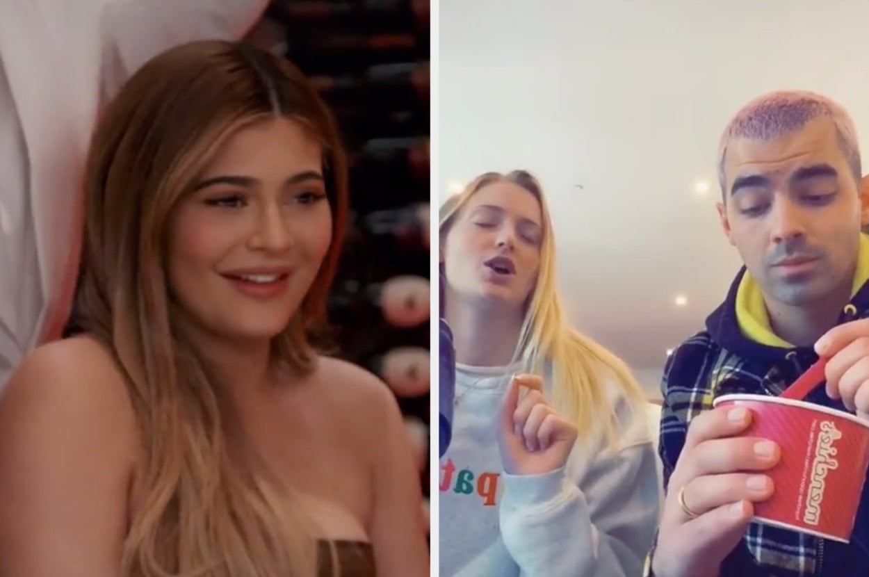 Kylie Jenner in the original E! clip next to Sophie Turner and Joe Jonas covering the audio