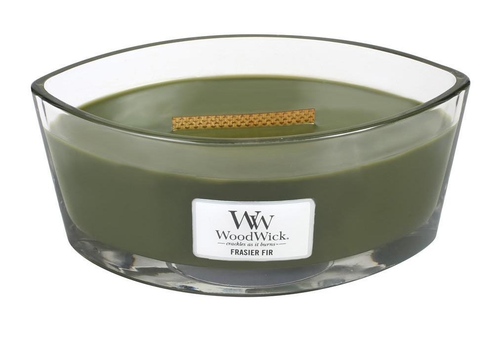 Green Frasier Fir WoodWick candle with wooden wick in the center
