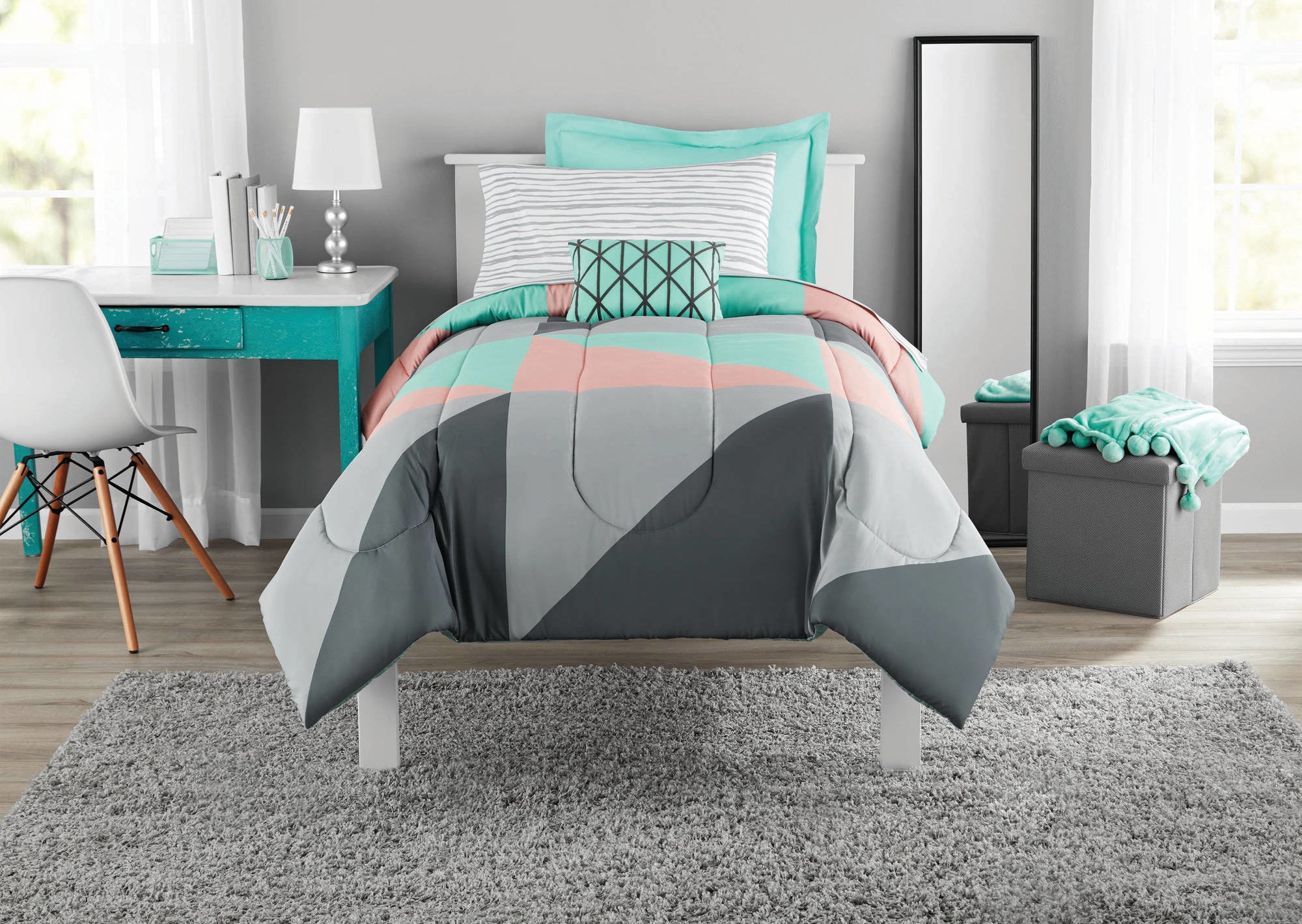 Gray, teal and pink bed in a bag set