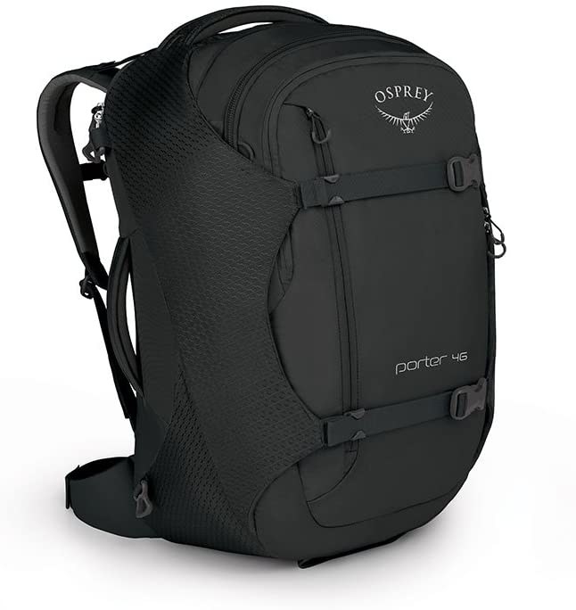 The black backpack with buckle straps