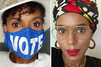 Kerry Washington wearing a "vote" mask / Kerry wearing glasses and makeup