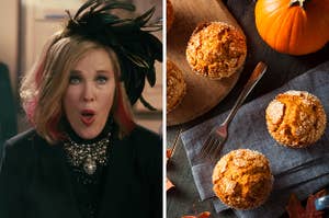 On the left, Moira Rose from "Schitt's Creek," and on the right, some pumpkin muffins on a table