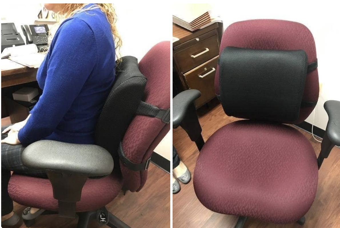 A back cushion that attaches to your desk chair, available on Amazon.