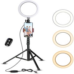 The ring light with three different settings, a remote, and a place to put your phone