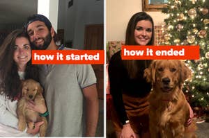 How it started vs. how it ended meme showing a woman left her husband