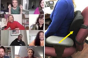 同事们在一个Zoom电话旁边连着一个泡沫靠枕的办公椅
