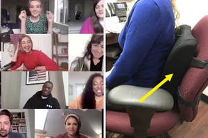 Colleagues on a Zoom call next to a foam back pillow attached to a desk chair