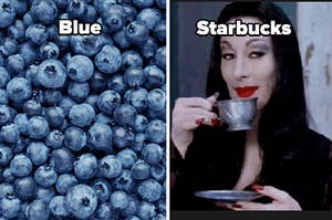 Blueberries and starbucks label over mortiica addams drinking tea